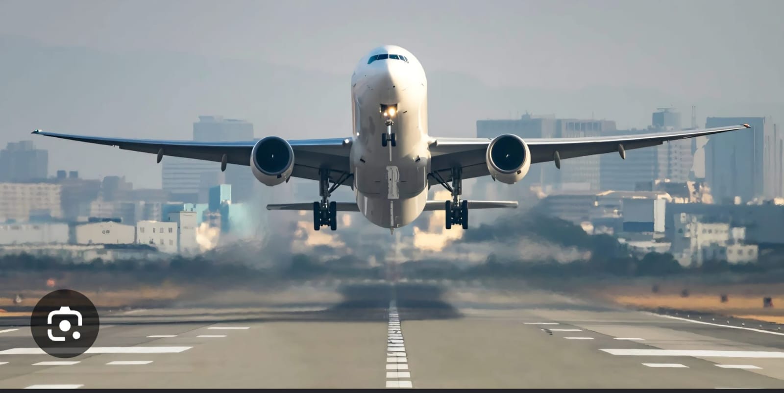 Passenger aircraft above an airport runway